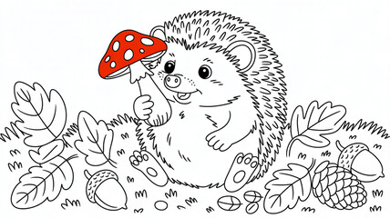 Outline Drawing Of A Hedgehog With Mushroom And Autumn Elements