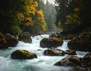 Fototapeta premium Autumnal River Rapids Amidst Forested Banks