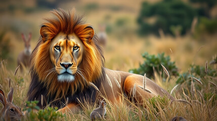 Regal Lion Camouflaged in Rabbit Fur on the Savanna