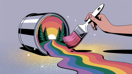Paint Can Pouring a Rainbow Road with a Sunset Landscape