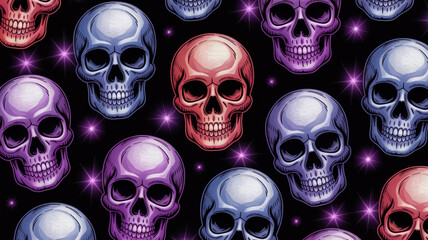 Pattern of colorful skulls with sparkling lights halloween