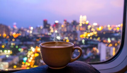 Warm coffee cup overlooking a bokeh-filled city skyline at dusk from an interior window