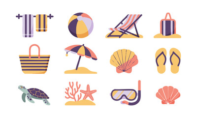 Pastel Beach Icons Set Minimal Flat Vector illustration Collection on White, easily editable and scalable.