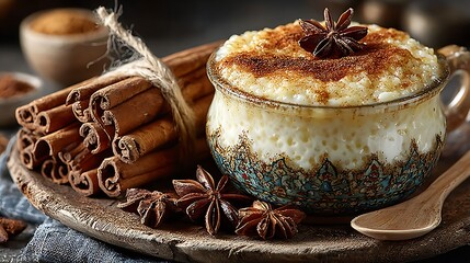 Homemade rice pudding in rustic ceramic bowl high resolution picture