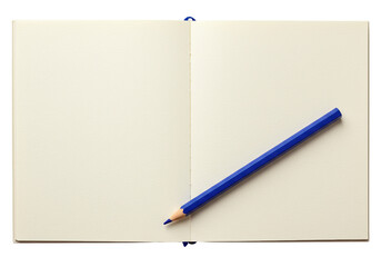 Open notebook with blue pencil isolated on white, blank pages for writing or drawing