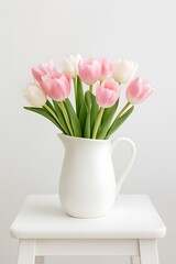 Soft Spring Hues: Pink and White Tulips in a White Pitcher