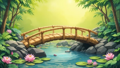 Indian Village Cartoon Background of Bamboo Bridge over River with Lotus Leaves. 2D Illustration