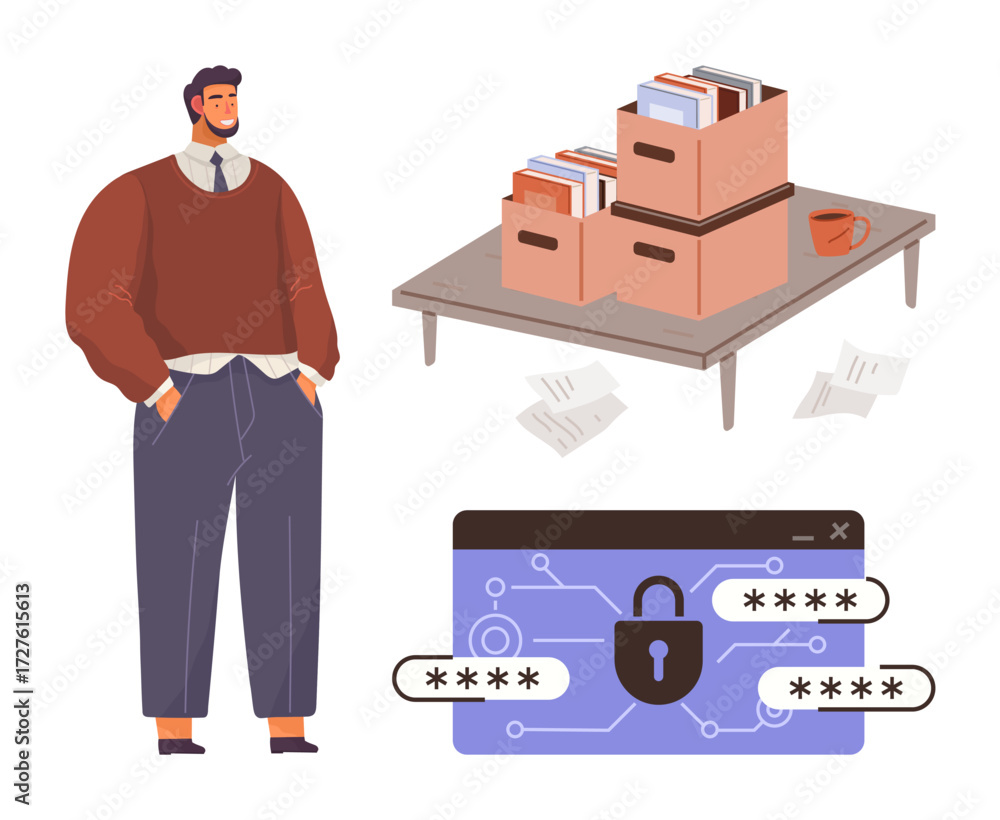 Poster man standing near boxes on table with files, cup, and scattered papers. secured padlock and password