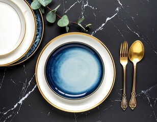 Elegant dinnerware set on black marble