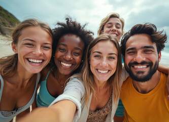 Diverse group of friends smiles joyfully for a selfie at the beach after outdoor fun. They share a moment of connection and togetherness in bright, sunny weather.