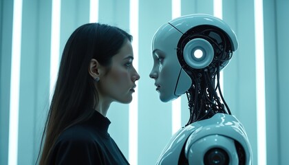 Naklejka na ściany i meble Woman and robot face off in futuristic studio. Human and artificial intelligence meet, symbolizing future tech collaboration or conflict. Sci fi concept art. Naklejka na ściany i meble Woman and robot face off in futuristic studio. Human and artificial intelligence meet, symbolizing future tech collaboration or conflict. Sci fi concept art.