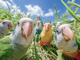 Obraz premium group of courious parrots exploring a green field on a sunny day in a natural habitat
