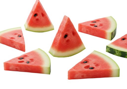 Freshly cut watermelon slices with vibrant ruby-red flesh, glossy black seeds, green rind, in triangles and wedges on a white studio background, flat lay, soft light, concept for refreshing food
