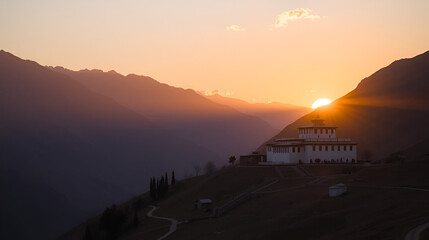 Picturesque view of the Key Gompa Monastery (4166 m) at sunrise. Spiti valley, Himachal Pradesh, India.