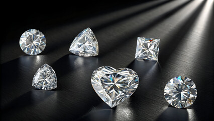 Six diamond of the most popular cutting styles: round brilliant, asscher, princess, heart, cushion, triangle. Close-up view with shadows in spotlight on black background. 3D rendering illustration
