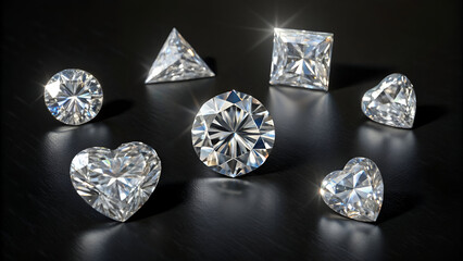 Six diamond of the most popular cutting styles: round brilliant, asscher, princess, heart, cushion, triangle. Close-up view with shadows in spotlight on black background. 3D rendering illustration