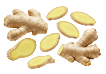 Fresh ginger root, whole pieces and thin slices, showing pale yellow interior and light brown skin, dynamically suspended against a transparent background, concept of healthy ingredients