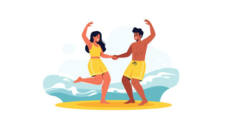 Obraz premium Happy couple dancing joyfully on a sandy beach near the ocean waves.