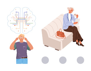 Young man with glasses exploring a thought process, abstract digital network, and senior woman reading on a sofa. Ideal for education, innovation, mindfulness, technology, lifestyle, focus