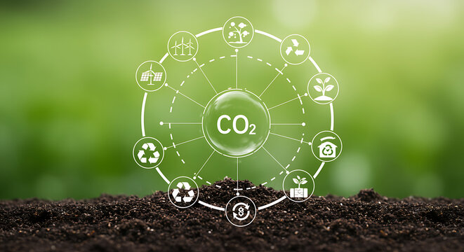 Circular economy concepts Renewable energy, recycling, and sustainable agriculture icons surrounding 'CO2' text in a circle on fertile soil background