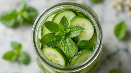 A jar filled with sliced cucumbers and mint leaves, suggesting a refreshing beverage or salad.