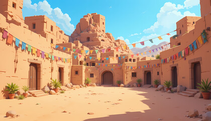 Indian Village Cartoon Background of Desert Courtyard with Sandstone Walls and Flags. 2D  Artwork