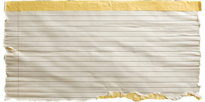 Vintage torn yellow notepad paper with lines. Isolated on transparent background.

