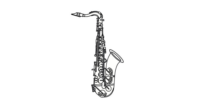 Detailed black and white line art illustration of a saxophone musical instrument.