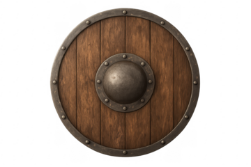 Round wooden viking shield protecting from medieval attacks