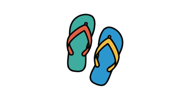 A colorful hand-drawn illustration of a pair of mismatched summer flip-flops.