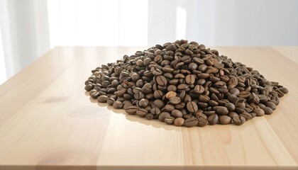 Heap of roasted coffee beans on a light wooden surface, bathed in bright light