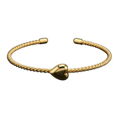 Elegant gold twisted bangle bracelet with heart charm isolated on transparent background
