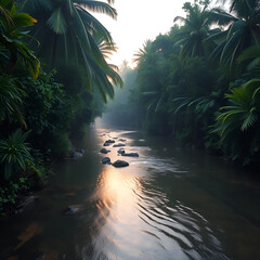 Exploring the tranquil river flowing through a lush tropical forest at dawn, Tropical nature background River in forest