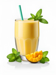 Traditional Glass of Mango Lassi with Mint Leaves, isolated on a transparent background