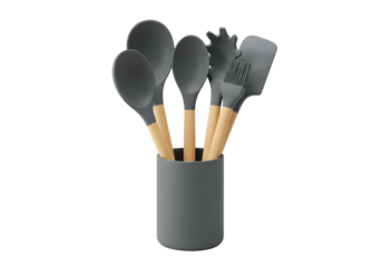 Five modern dark grey kitchen utensils with wooden handles in a matte holder, isolated on transparent background with copy space, Concept of modern kitchen design and functionality