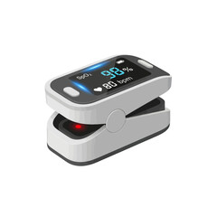 Portable digital finger pulse oximeter displaying blood oxygen saturation and heart rate on a white background.