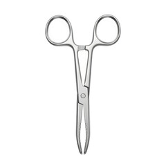 A sterile surgical instrument, likely a hemostat or forceps, made of polished stainless steel, with finger loops and a locking mechanism.