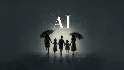 Emotional family connection in the rain ai concept artwork digital art dark environment silhouette view