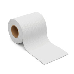 A single roll of white, textured toilet paper unrolling on a plain white background.