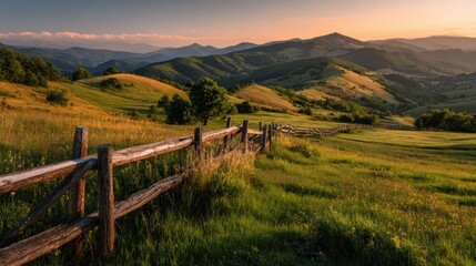 Rolling hills and mountains basking in golden sunset light, showing a rustic wooden fence winding through a peaceful summer pasture landscape for tranquil rural escape
