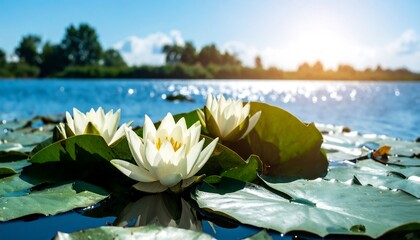Water lilies on a pond, sunlight reflecting off the water