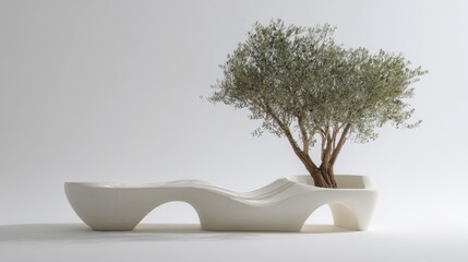 White concrete bench with a fluid, organic shape gracefully integrating an olive tree planter, showcasing a minimalist and sculptural design for modern outdoor seating