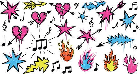 Vector art of vibrant set of graffitistyle doodles featuring stars, broken hearts, music notes, flames, and arrows