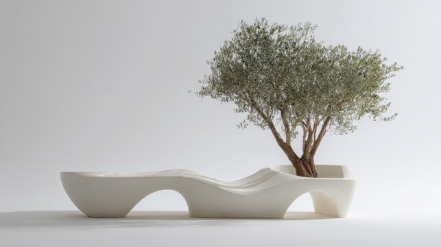 White concrete bench with a fluid, organic shape gracefully integrating an olive tree planter, showcasing a minimalist and sculptural design for modern outdoor seating