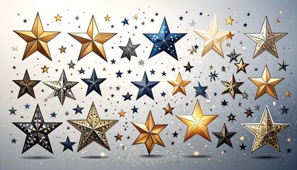 Array of varied stars in gold, blue, and silver, scattered against a speckled backdrop