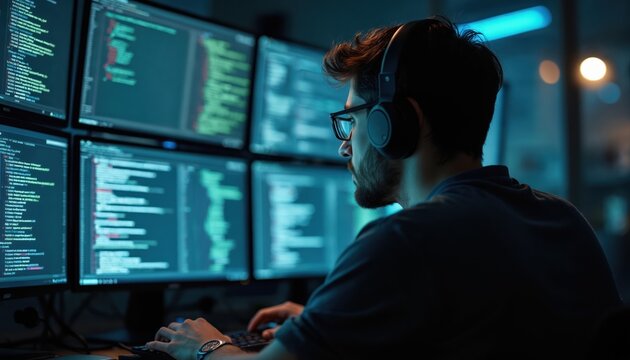 Man wearing headphones works on multiple computer screens coding. Developer focused on programming tasks in dark office. Modern tech desk with display. Digital information processing.