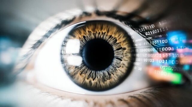 Digital Gaze: An ultra-close perspective into the intricacies of an eye, merging the biological wonder with the sleekness of binary code that suggests technology, vision and the future.
