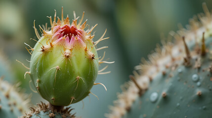 Zoomed in view of opuntia bud and green pear