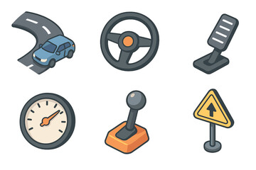 Driving Skills Icons. Driving skills set icons in modern isometric flat : drift turn, steering wheel, pedal, speedometer, gearshift, road sign