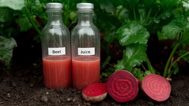 Two bottles of beet juice are on the ground next to a bunch of beets